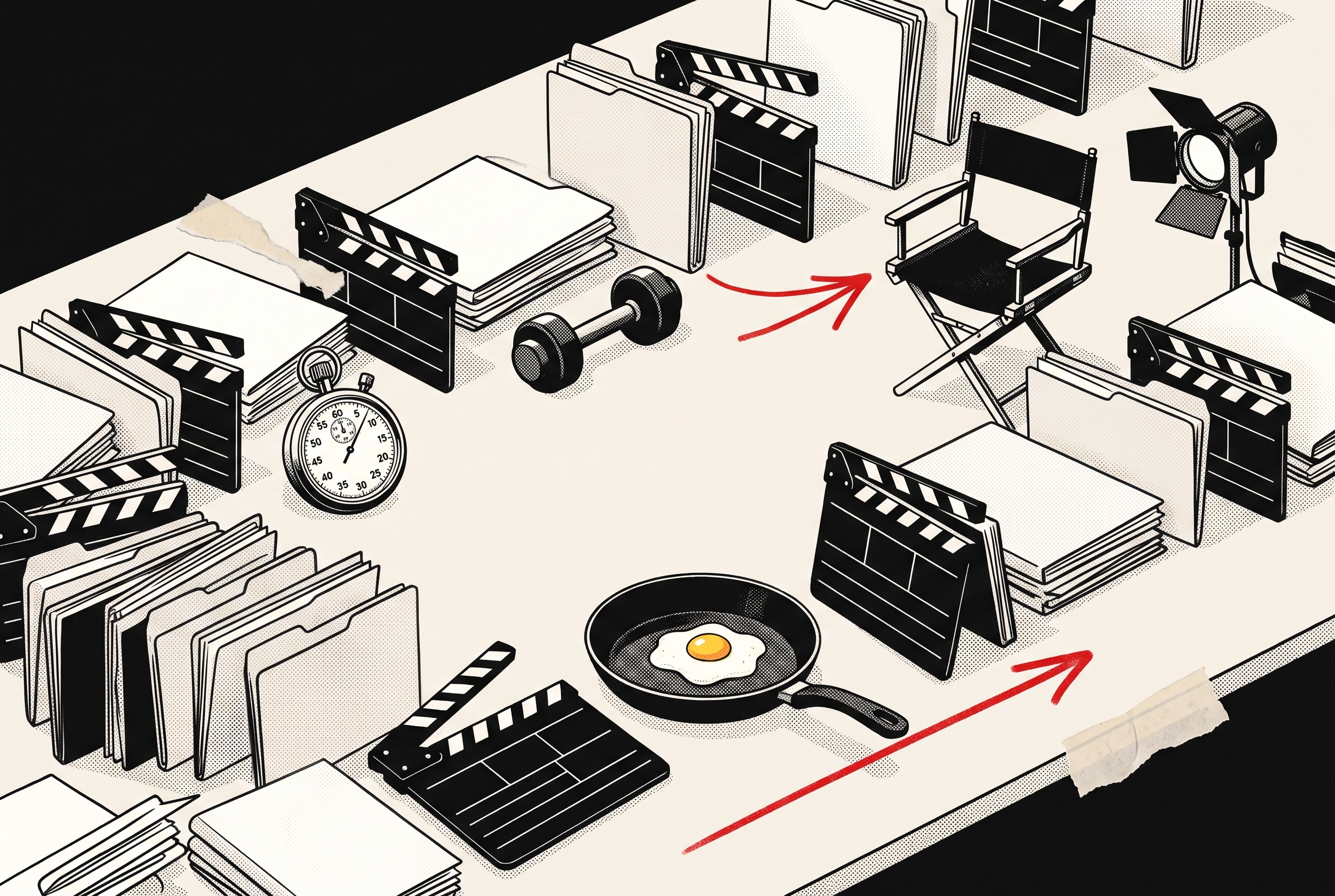 Editorial illustration of a fictional film-production table with blank scripts, a clapperboard, a fitness dumbbell, a frying pan, and a tightly scheduled calendar.