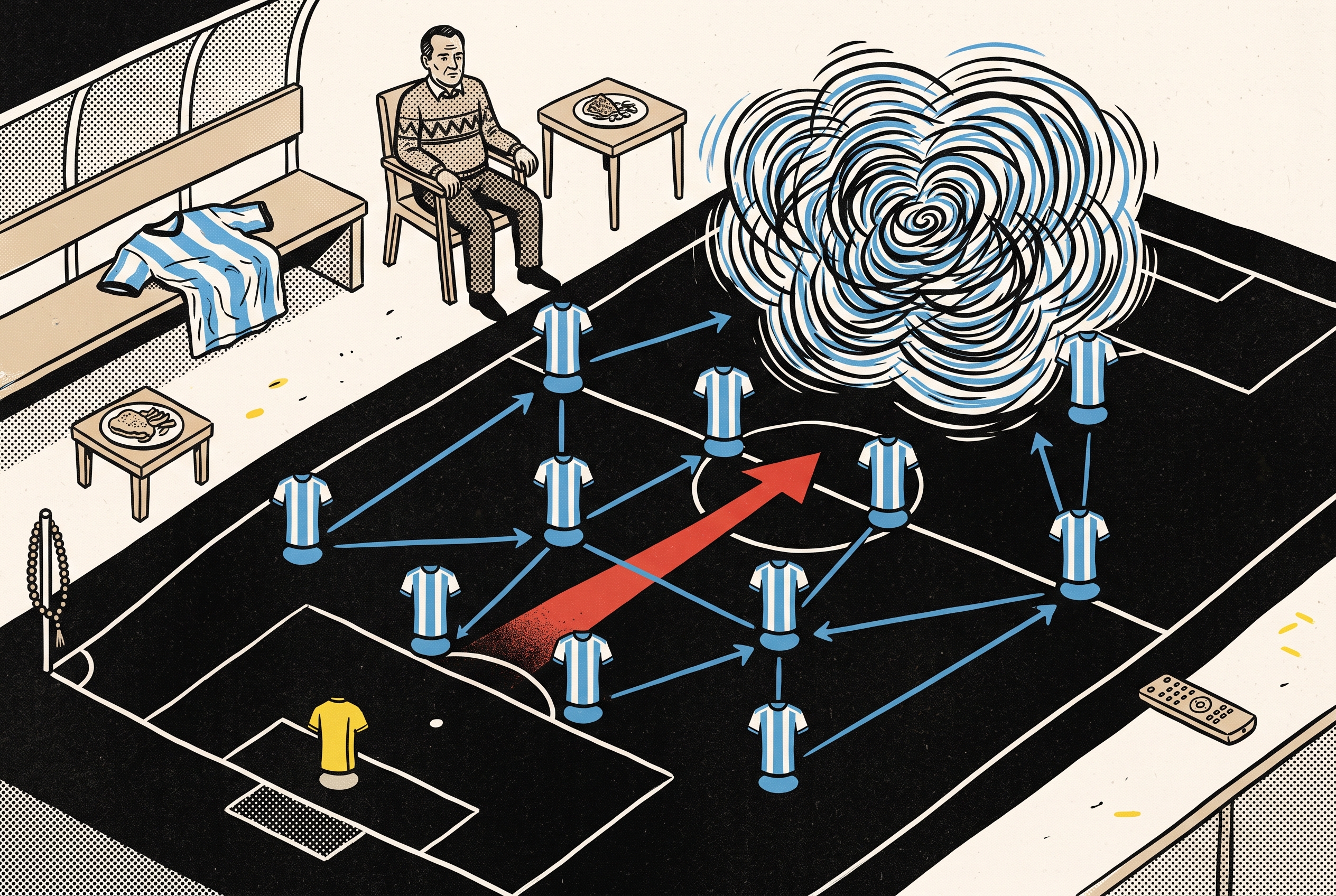 A football tactics board surrounded by an unwashed shirt, a fixed chair, untouched food, prayer beads, a remote, and national anxiety.
