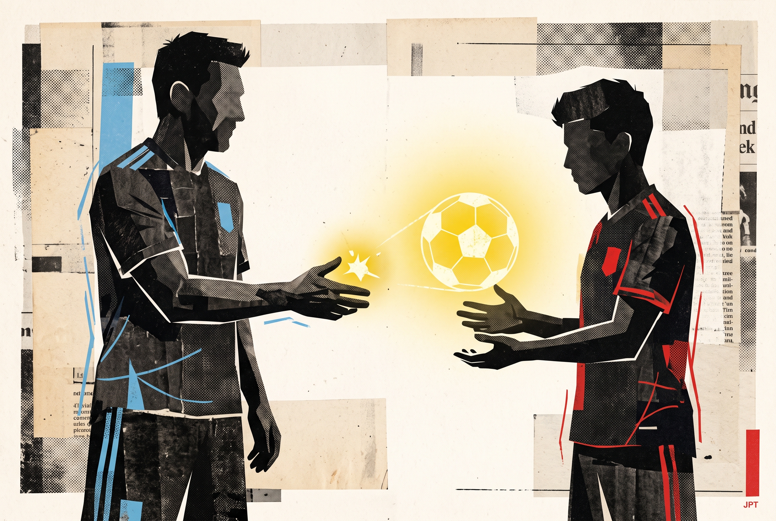Symbolic collage of an experienced footballer passing a glowing football to a young rising star.