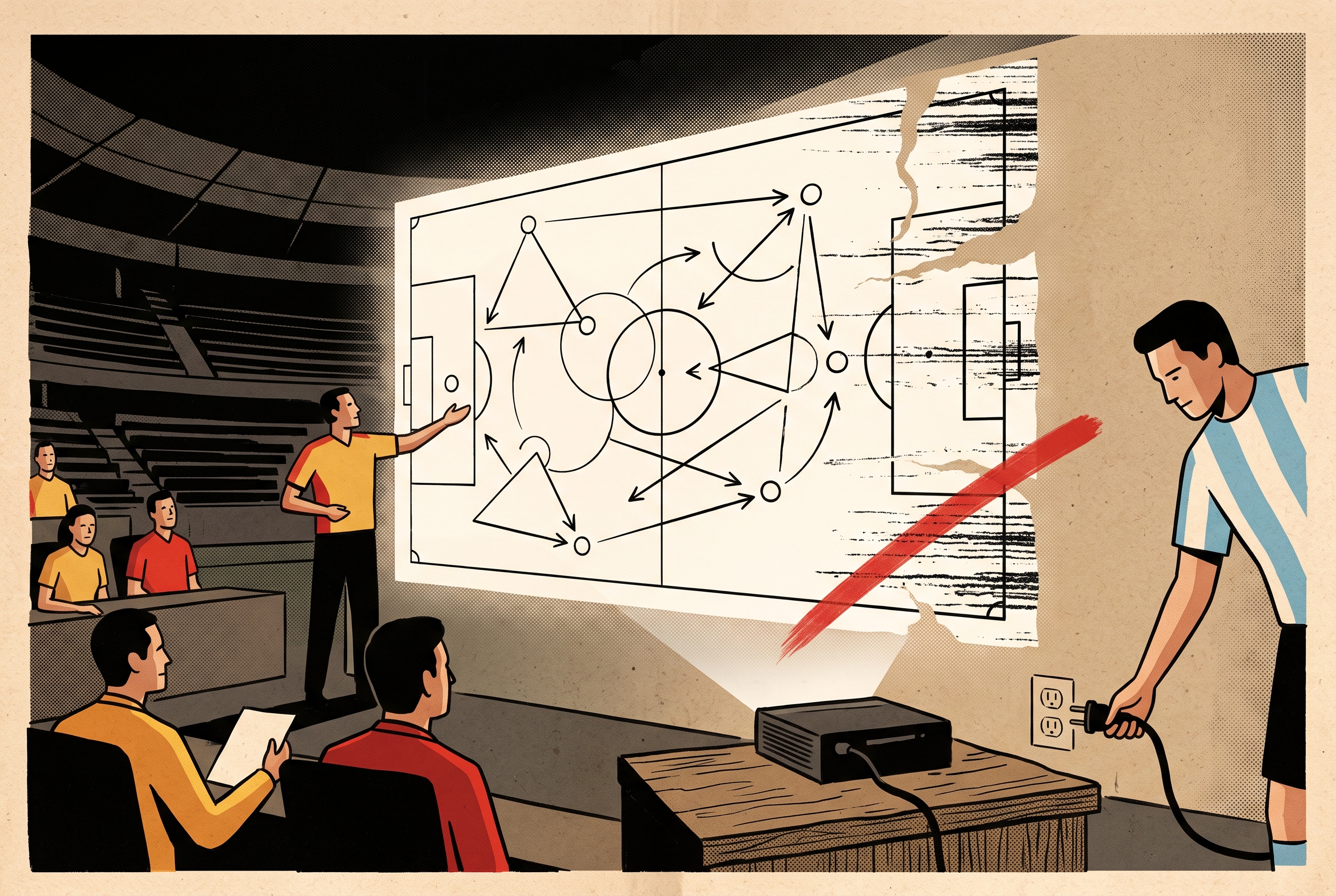 Spain presents a precise football tactics projection while an Argentina figure unplugs the projector.